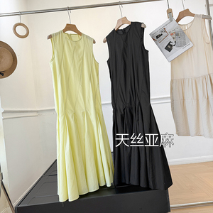 莱赛尔+亚麻混纺压褶无袖连衣裙