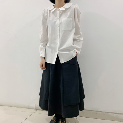 长袖白色衬衫女 HZH自制2021秋新款宽松纯棉小个子娃娃领衬衣薄款