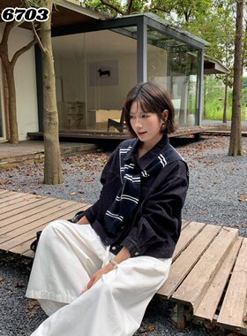 韩系短款深色牛仔外套女早秋条纹披肩可拆卸宽松翻领百搭休闲夹克