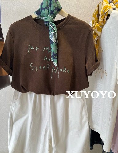 配丝巾韩系ins风竹节棉T恤女2026夏季透气软糯字母印花休闲打底衫
