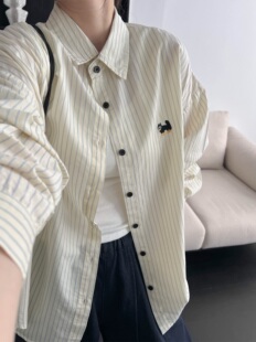 2026早秋小狗刺绣条纹衬衫女 韩系宽松翻领百搭竖纹休闲长袖衬衣