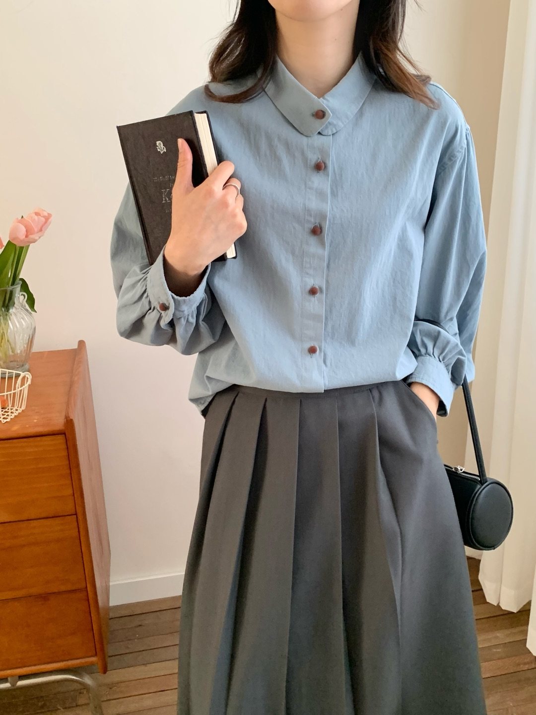 -2025纯棉加厚打底衬衫慵懒风套头衬衫复古衬衣女