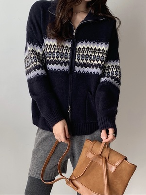 YOYO-新款重工提花立领拉链针织开衫女百搭休闲宽松上衣女