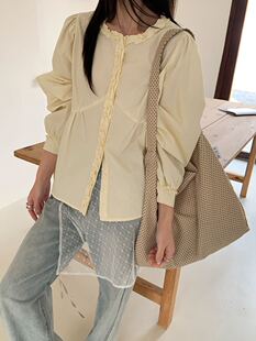 YOYO-2026早春新款法式温柔泡泡袖衬衫女花边短袖衬衣小个子上衣