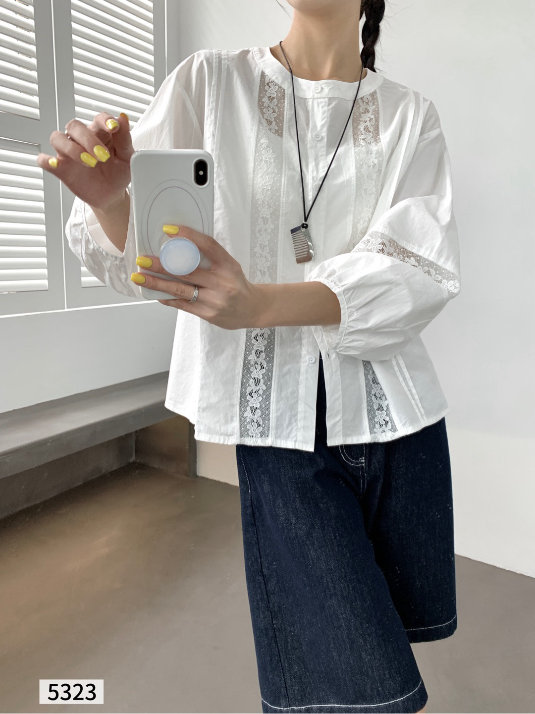 YOYO-拼接蕾丝镂空衬衫女韩系宽松百褶设计感上衣潮款衬衫