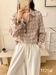 宽松显瘦港风翻领叠穿长袖 休闲衬衣 女ins潮 2026早春复古格子衬衫