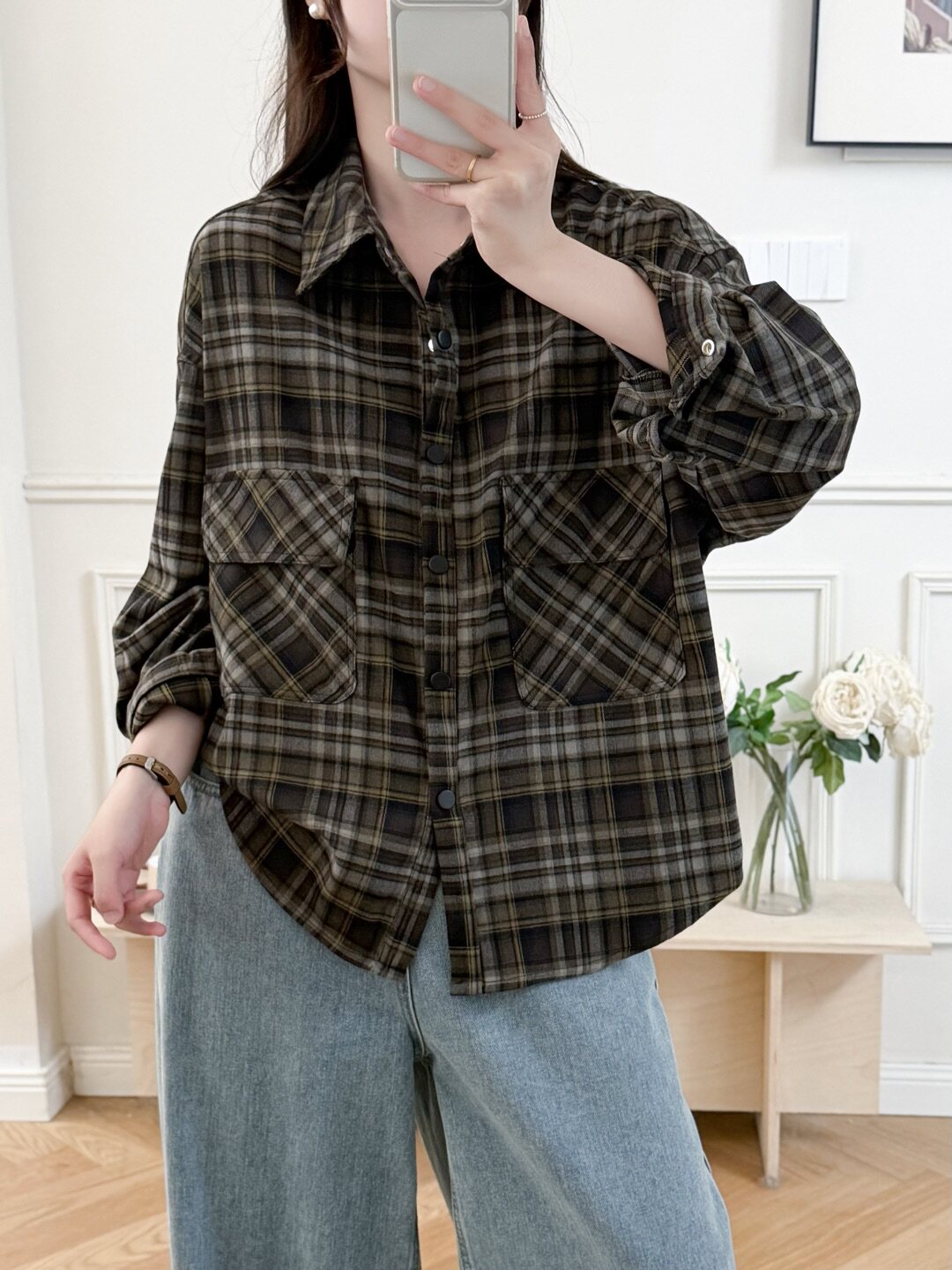 2026早秋复古格子衬衫女宽松慵懒翻领多色磨毛格纹长袖衬衣外套