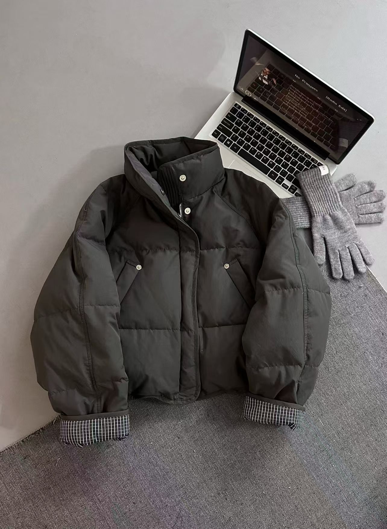 YOYO-新款韩系立领格纹拼接袖口短款羽绒服女小个子面包服外套女