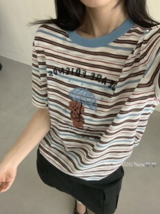 减龄神器！2026新款雨伞小熊条纹T恤 女款休闲圆领透气短袖上衣