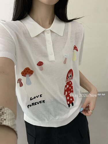 2026夏季新款卡通蘑菇刺绣Polo领针织衫女宽松薄款短袖T恤上衣