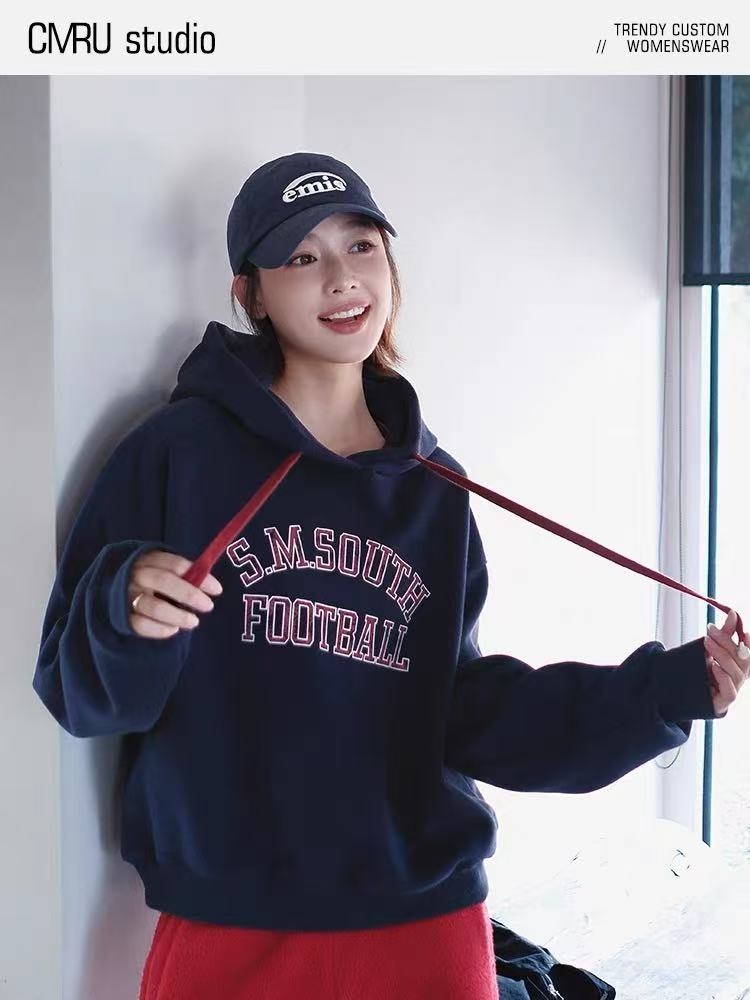 YOYO-韩版s.M字母刺绣加绒连帽卫衣宽松舒适外套男女同款