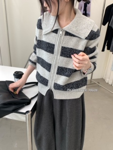 韩版杂色花线条纹开衫女松弛感翻领拉链宽松短款针织外搭毛衣