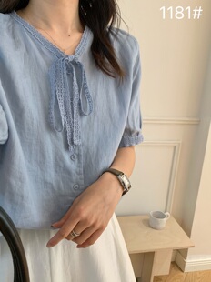 宽松休闲温柔风短袖 2026夏装 泡泡袖 蕾丝系带亚麻衬衫 上衣 新款