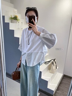 YOYO-2026年春装新款时尚条纹拼色圆领七分袖衬衫女韩版显瘦上衣