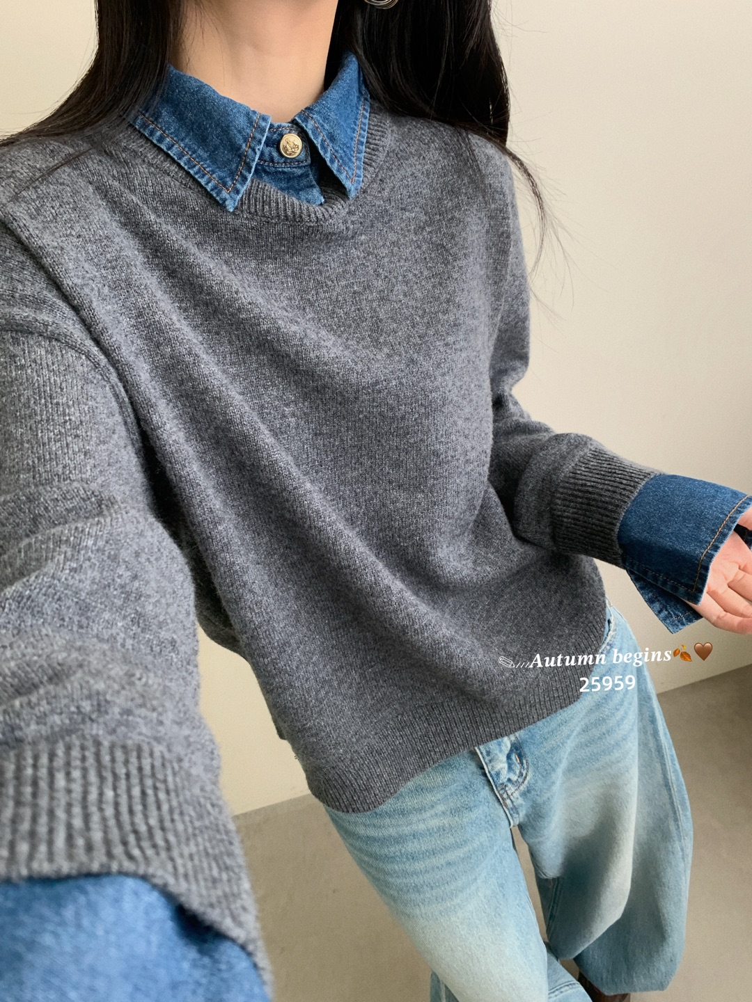 YOYO-牛仔领100%羊毛套头针织衫小众假两件polo领拼接上衣