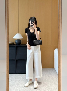 8061#2026夏季新款白色阔腿裤女 高腰显瘦九分直筒卷边休闲裤
