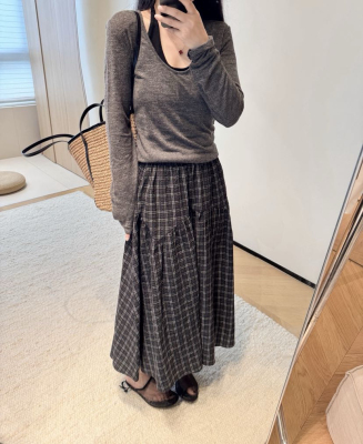 YOYO-新款纯棉格子半身裙女韩系宽松设计感上衣潮款半身裙
