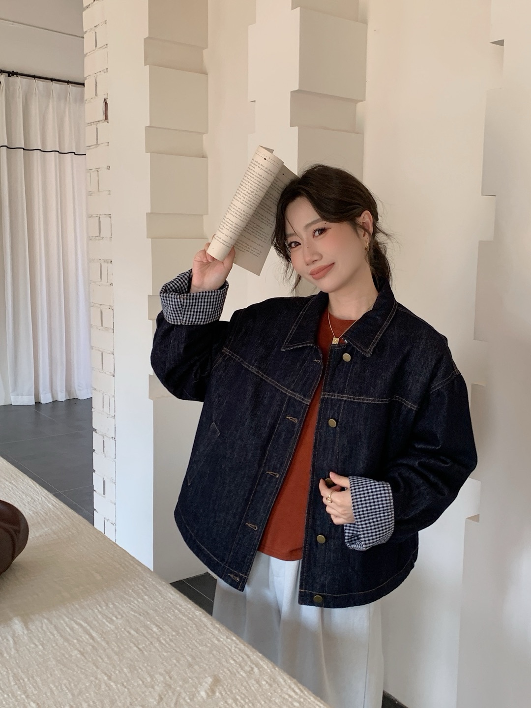 YOYO-新款韩系拼接加棉格子牛仔外套女百搭休闲宽松牛仔外套