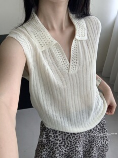 翻领V领镂空冰丝针织马甲女夏修身坑条无袖背心通勤百搭多色内搭
