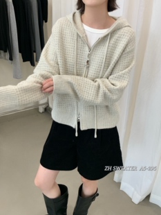 肌理感华夫格带帽针织外套女松弛感短款抽绳拉链毛衣外搭上衣
