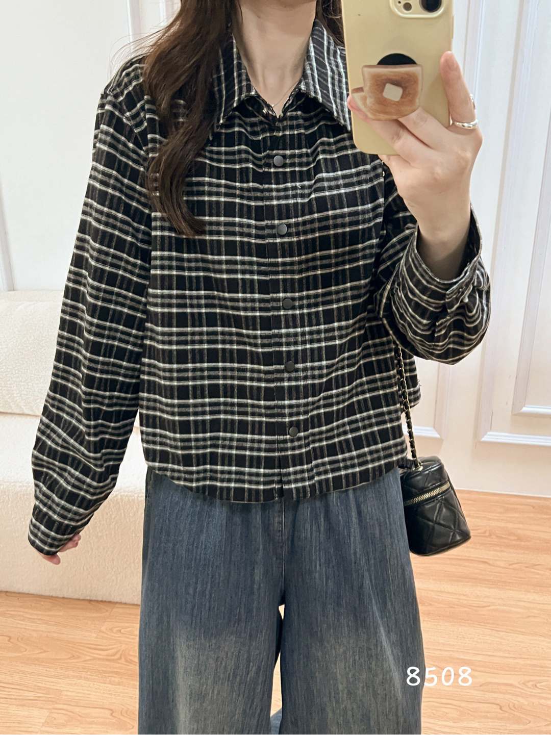 YOYO-新款纯棉翻领格子衬衫女韩系宽松设计感上衣潮款衬衫