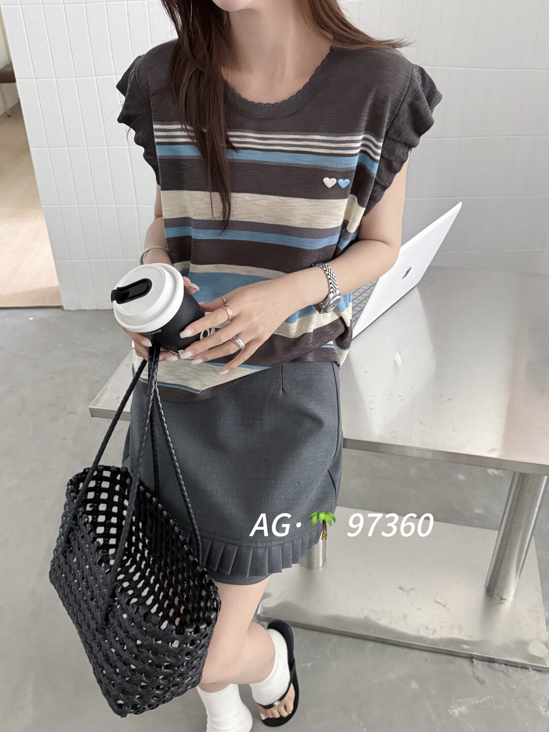 2026夏季新款韩系条纹木耳边针织背心女 圆领撞色飞飞袖显瘦上衣