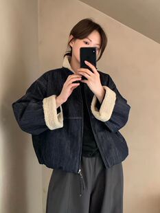 羊羔毛牛仔外套女2026秋冬新款加绒加厚立领拉链短款复古夹克棉衣