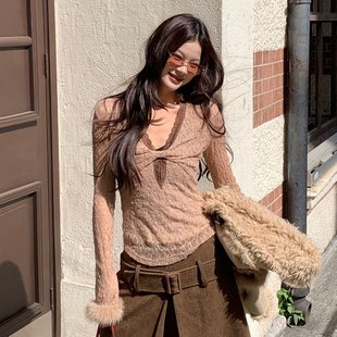 口性感纯欲上衣打底针织衫 蕾丝拼接棕色毛毛袖 2025AW Jqwention