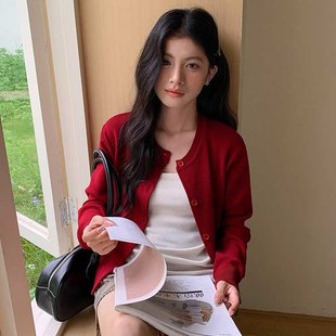 觅定红色长袖针织开衫外套女秋季2025新款纯色百搭宽松外搭上衣