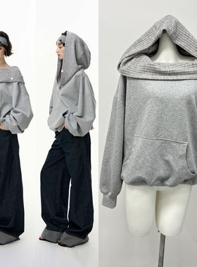 SALTHe盐茶丨博尔赫斯斜肩一字领宽松套头连帽卫衣露肩上衣女