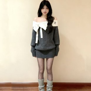 Moster Timnothy原创一字肩蝴蝶结厚款连衣裙氛围感针织长袖毛衣