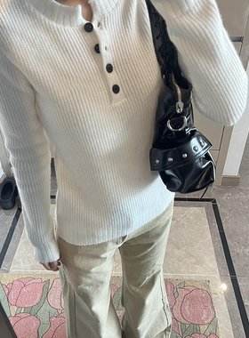 HEYABC 美式辣妹亨利领长袖针织衫女2025百搭休闲显瘦毛衣打底衫