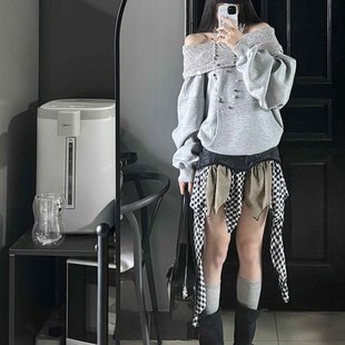 SALTHe盐茶丨博尔赫斯斜肩一字领宽松套头连帽卫衣露肩上衣女