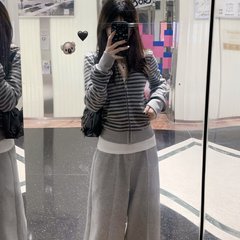 SUNONEONE 韩系秋季运动套装女灰色条纹卫衣休闲宽松卫裤一整套