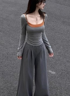 Suuuicee 反转心结 纯欲大方领撞色扭结打底衫假两件长袖修身上衣