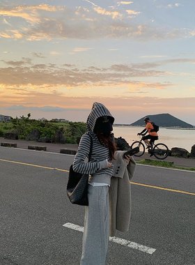 SUNONEONE 韩系秋季运动套装女灰色条纹卫衣休闲宽松卫裤一整套