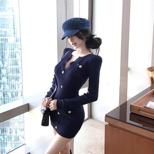 Chill巧儿智性巴尔曼小香风千金感修身收腰针织长袖连衣裙女