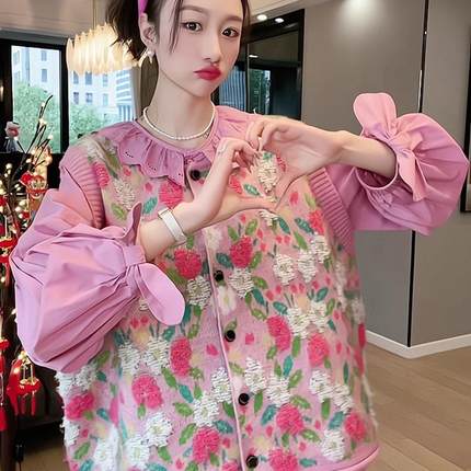 慵懒风高级感花朵叠穿针织马甲背心女装春夏大码胖MM宽松开衫上衣