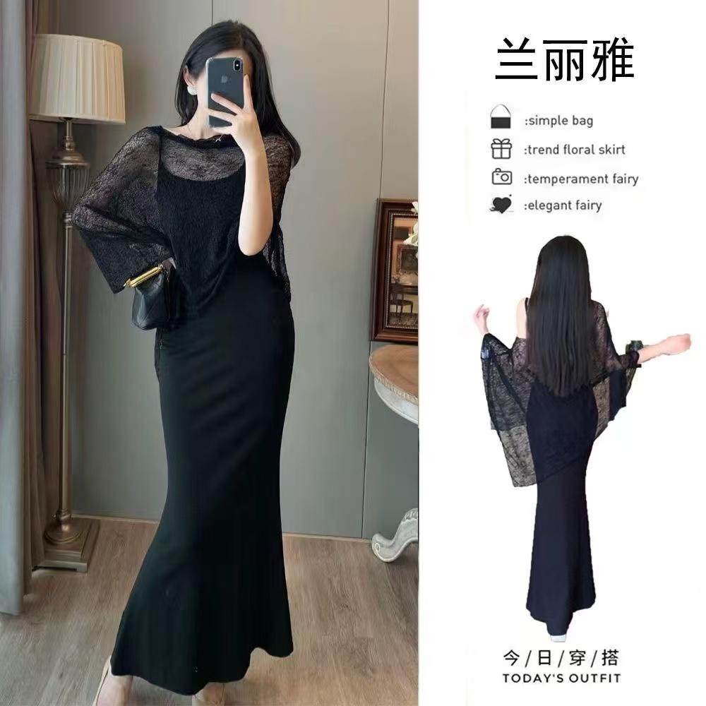 复古修身吊带连衣裙女春季鱼尾包臀裙大码胖mm氛围感罩衫两件套装