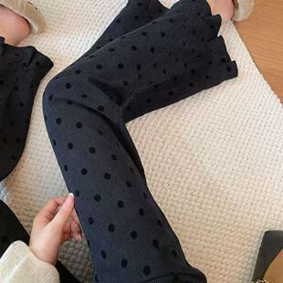 黑色波点荷叶边微喇九分灯芯绒休闲裤女2025秋冬显瘦时尚加绒裤子