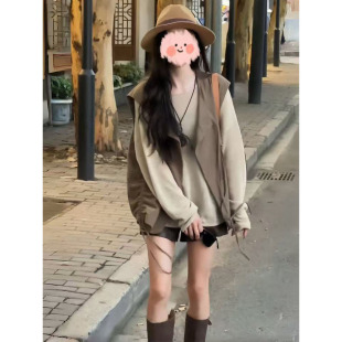 三件套装 早秋宽松显瘦马甲背心长袖 针织上衣女今年流行百搭皮短裤