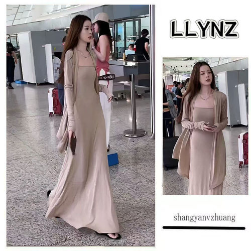 时尚休闲女开衫吊带连衣裙长套装