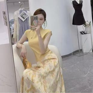 夏季套装女2025新款重要场合绝美黄色无袖掐腰上衣修身裙子两件套
