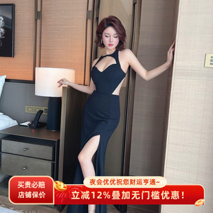 性感开叉礼服舞台走秀露背深V显瘦长裙夜场女孩上班衣服连衣裙
