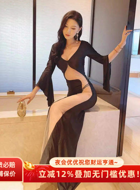 夜场上班衣服减龄spa柔式技师工作服性感透视KTV秀场礼服深V显瘦