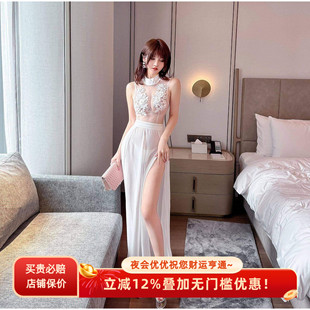 性感高透网纱裙拼接长礼服手工缝花露胸连衣裙夜场佳丽走秀表演服