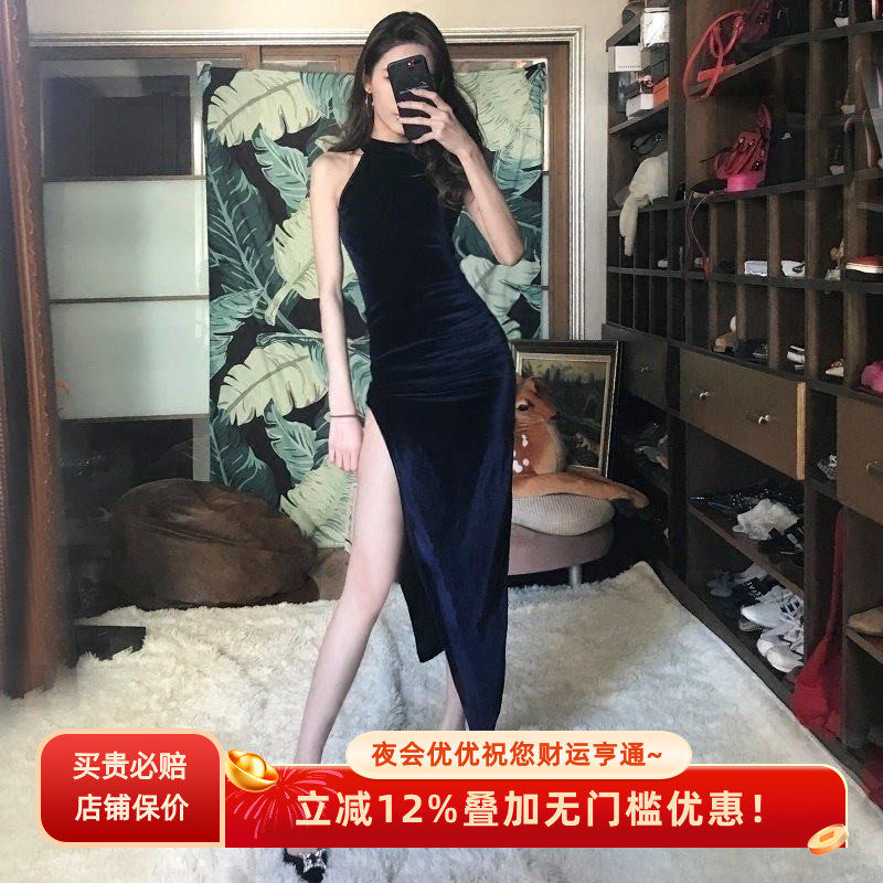 晚宴礼服女长款性感夜店晚礼服夜场25新款挂脖开叉名媛修身连衣裙