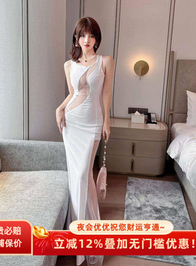 不规则设计感性感晚礼服露胸深V透视气质名媛走秀长裙ktv夜场工服