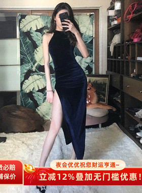 晚宴礼服女长款性感夜店晚礼服夜场25新款挂脖开叉名媛修身连衣裙