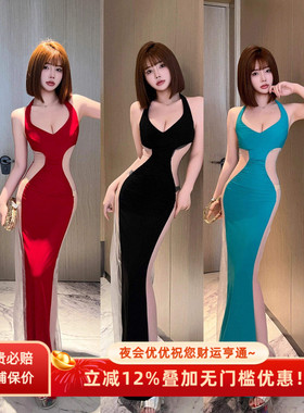 S曲线修身显身材网纱绑带长裙礼服裙KTV漏胸露背走秀礼服气质新款